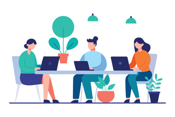 Flat Vector Illustration of Office Team Working Together at Workspace