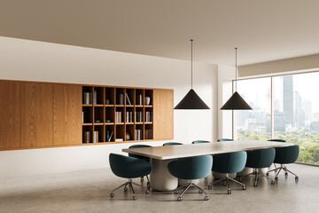 Modern office conference room interior with stylish furniture, wooden bookshelf, and large window showing cityscape in daylight background. 3D Rendering