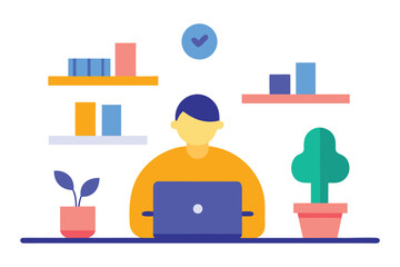 Flat Vector Illustration of Freelancer Working on Laptop at Home Office