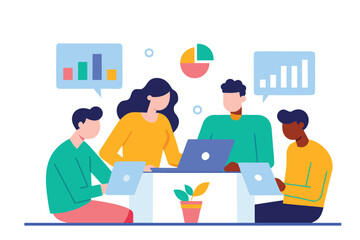 Flat Vector Illustration of Team Brainstorming and Project Planning