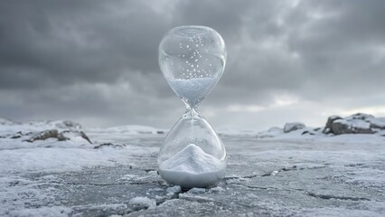 Hourglass with White Snow-like Sand Counting Down in a Vast Icy Winter Landscape.