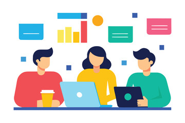 Flat Vector Illustration of Creative Team Collaboration with Laptops