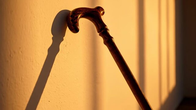 Dramatic golden hour lighting focuses on a dark wooden cane leaning against a stark empty white wall casting a very long shadow hardship, difficulty moving, symbolic difficulty