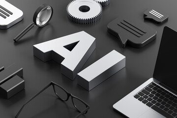 Futuristic AI design concept with digital elements, laptop, magnifying glass, gears, and speech bubble on dark background in 3D rendering style. 3D Rendering