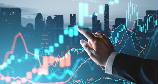 Businessman analyzing stock market data with financial charts and graphs on futuristic screen in urban background during evening trading session. - Powered by Adobe