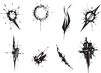 Brush set. Vector black paint brush spots, highlighter lines or felt-tip pen marker. Ink smudge abstract shape stains and smear set with texture