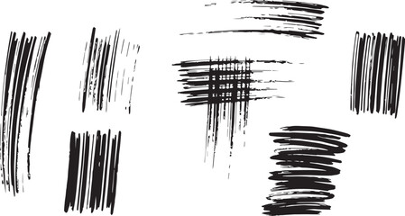 Brush set. Vector black paint brush spots, highlighter lines or felt-tip pen marker. Ink smudge abstract shape stains and smear set with texture