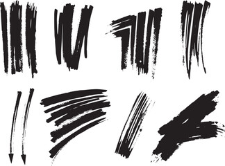 Brush set. Vector black paint brush spots, highlighter lines or felt-tip pen marker. Ink smudge abstract shape stains and smear set with texture