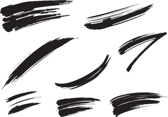 Brush set. Vector black paint brush spots, highlighter lines or felt-tip pen marker. Ink smudge abstract shape stains and smear set with texture