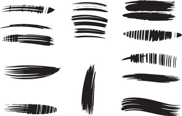 Brush set. Vector black paint brush spots, highlighter lines or felt-tip pen marker. Ink smudge abstract shape stains and smear set with texture