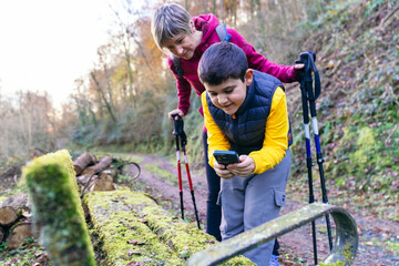 Mother and young son hiking in mossy forest, stopping on a trail to explore a smartphone together, bonding over nature and tech