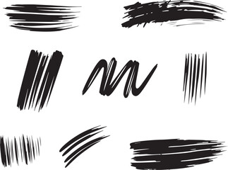 Brush set. Vector black paint brush spots, highlighter lines or felt-tip pen marker. Ink smudge abstract shape stains and smear set with texture