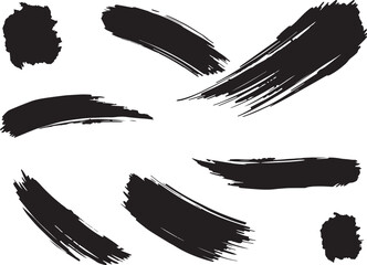 Brush set. Vector black paint brush spots, highlighter lines or felt-tip pen marker. Ink smudge abstract shape stains and smear set with texture