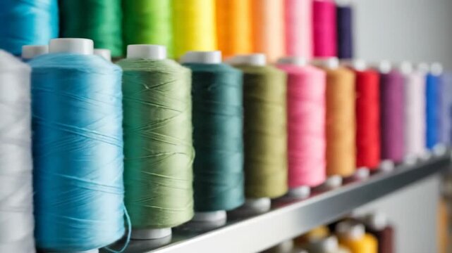 Colorful Thread Spools Arranged Neatly on a Shelf in a Sewing Workshop.