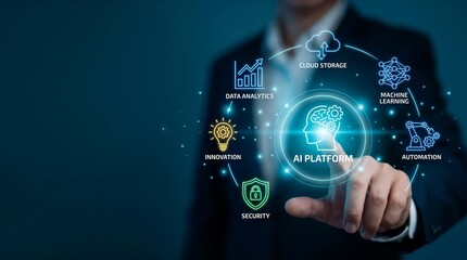 businessman pressing virtual button