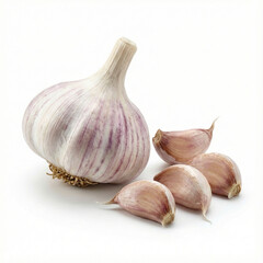 Obraz premium featuring a whole garlic bulb next to several separated, unpeeled cloves with full depth of field.