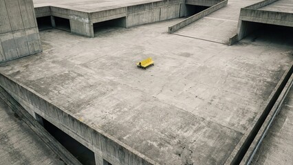 Aerial View of a Solitary Yellow Bench on a Desolate Concrete Parking Garage Rooftop on a Gloomy Day.