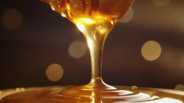 Macro shot of golden honey dripping from wooden comb into glass jar with bubbles, creating glossy texture and warm light effects
