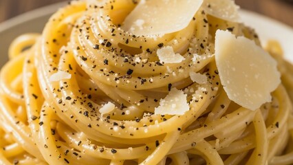 Close-up of a delicious plate of Cacio e Pepe pasta, garnished with black pepper and parmesan cheese shavings.