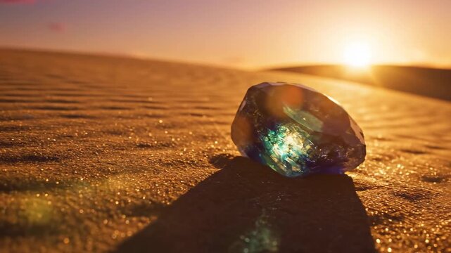 Dramatic golden hour lighting bathes a raw sapphire crystal creating long dramatic shadows across the fine textured golden sand dunes during sunset stone, textured, cinematic