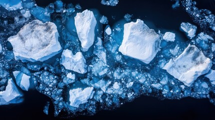 Aerial view of ice formations floating on dark water surface with reflections