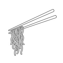 A simple line drawing of ramen noodles held by wooden chopsticks