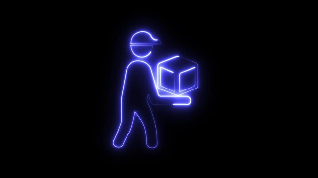 Glowing neon delivery person icon male modern motion neon outline package parcel delivery man.. 