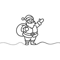 Simple line drawing of santa claus waving with a gift bag