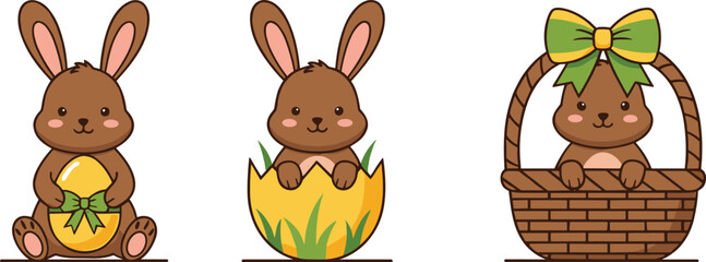 Vector illustration of adorable Easter bunnies holding eggs, sitting in baskets, and popping from shells, perfect for spring holiday designs.