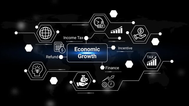 a visual representation of economic concepts with interconnected hexagons displaying income tax finance growth refund and incentive on a dark background high quality professional detailed modern