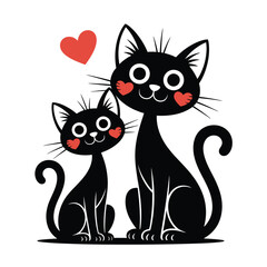 Two black cats with a red heart a loving cartoon illustration