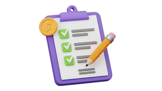 A detailed 3d illustration shows a completed financial checklist on a purple clipboard