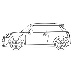 A simple line drawing showcases the side profile of a mini cooper car