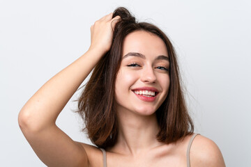 Fototapeta premium Young Ukrainian woman isolated on white background with happy expression. Close up portrait