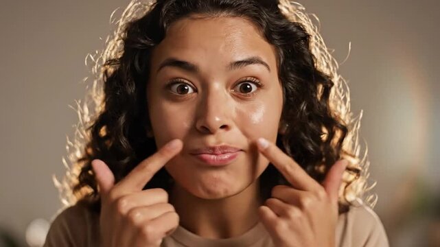 Cheerful woman with dimples makes a face then smiles at the camera, promoting natural beauty and youthful skin.