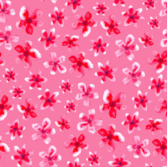 Hand drawn, watercolor red flowers, pink background. Seamless floral pattern-998.