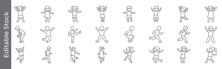Fototapeta premium Children and kids activity icon set – editable outline symbols of jumping, running, playing, dancing and happy kids