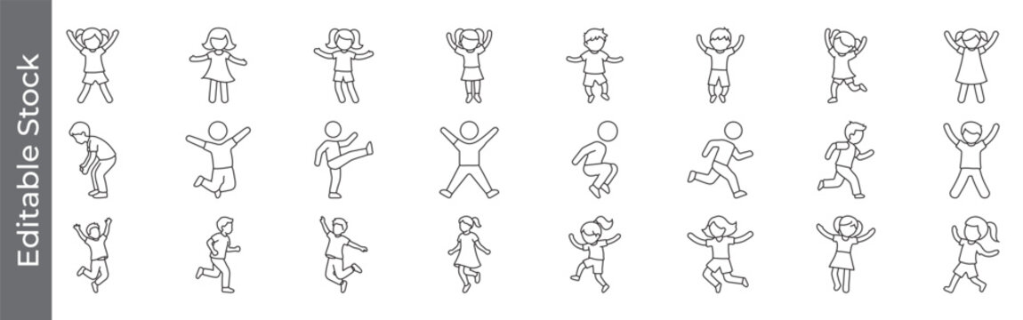 Children and kids activity icon set &ndash; editable outline symbols of jumping, running, playing, dancing and happy kids
