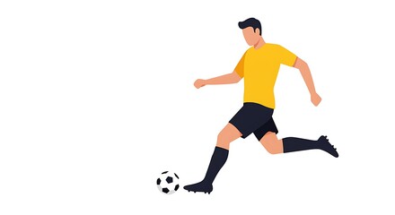 A male soccer player in a yellow shirt and black shorts kicks a soccer ball on a white background, captured mid-action
