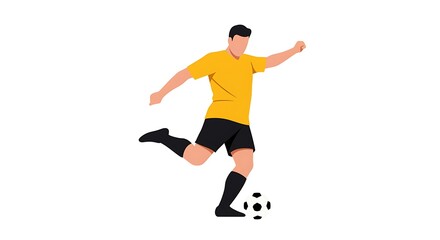 A male soccer player in a yellow shirt and black shorts kicks a soccer ball with his right foot during a game
