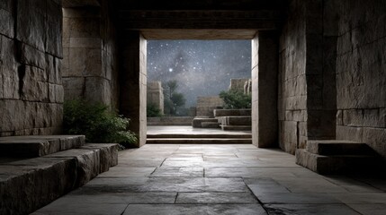 Obraz premium A stone corridor leads to an open space with stairs, ancient ruins in the background under a starry sky, mysterious atmosphere, stone walls, ancient architecture. 