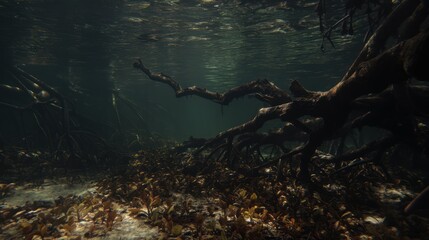 Underwater view of submerged tree roots and branches with filtered sunlight
