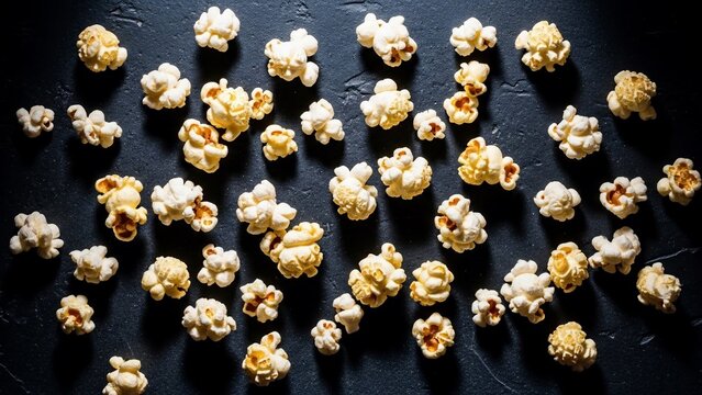 Deliciously Popped Corn Kernels Scattered on a Dark Textured Surface.