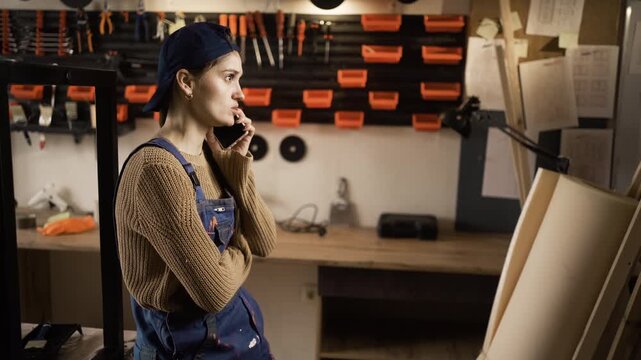 female handyman in overalls talking to customer on mobile phone standing near the wall with tool in small workshop