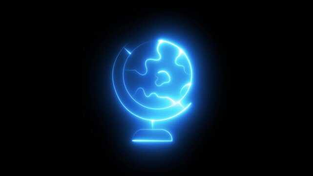 Neon World Globe on Stand &ndash; Global Education Glowing Outline, World Map Icon, International Study, School learning.
