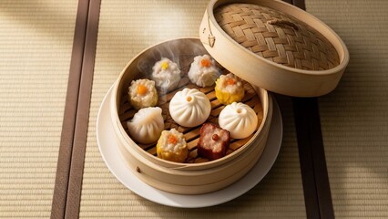 Steaming Bamboo Basket Filled with Assorted Delicious Dim Sum on a Traditional Mat.