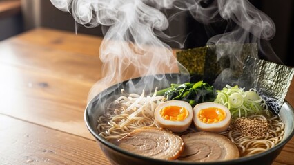 Steaming Bowl of Authentic Japanese Ramen with Pork and Egg.