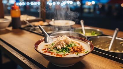 Steaming Bowl of Delicious Asian Noodle Soup at Night Market.