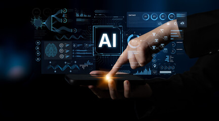 A futuristic AI dashboard for business intelligence. This platform showcases advanced data analytics, processing complex information into visual charts and graphs for strategic insights. Fermion