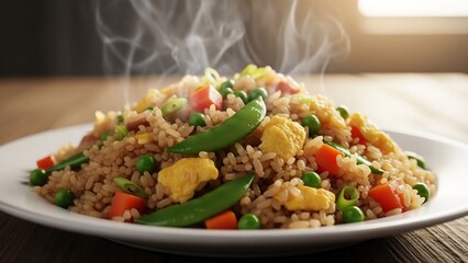 Steaming Hot Plate of Delicious Chicken Fried Rice with Vegetables.